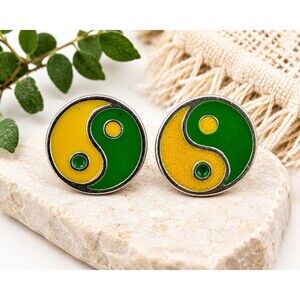 Vintage Yin Yang Enamel Stud Earrings Green Yellow Silver Tone Retro 1980s